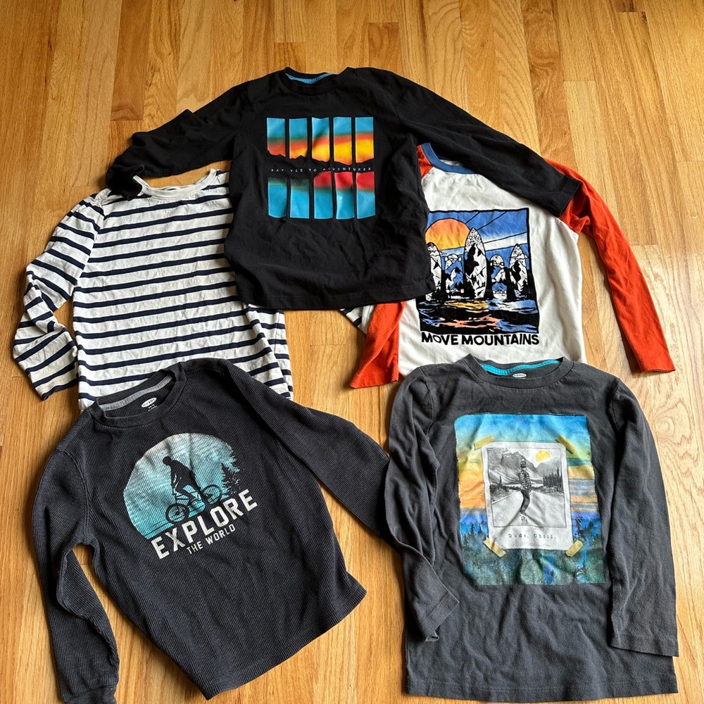 Old Navy Kids Long Sleeve Graphic Tees - Black, Blue, Red, White Bundle of 5